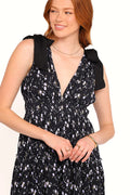 Black floral plisse maxi dress with deep v neckline