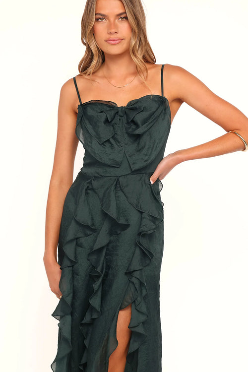 Emerald green midi dress with square neckline and bow detail