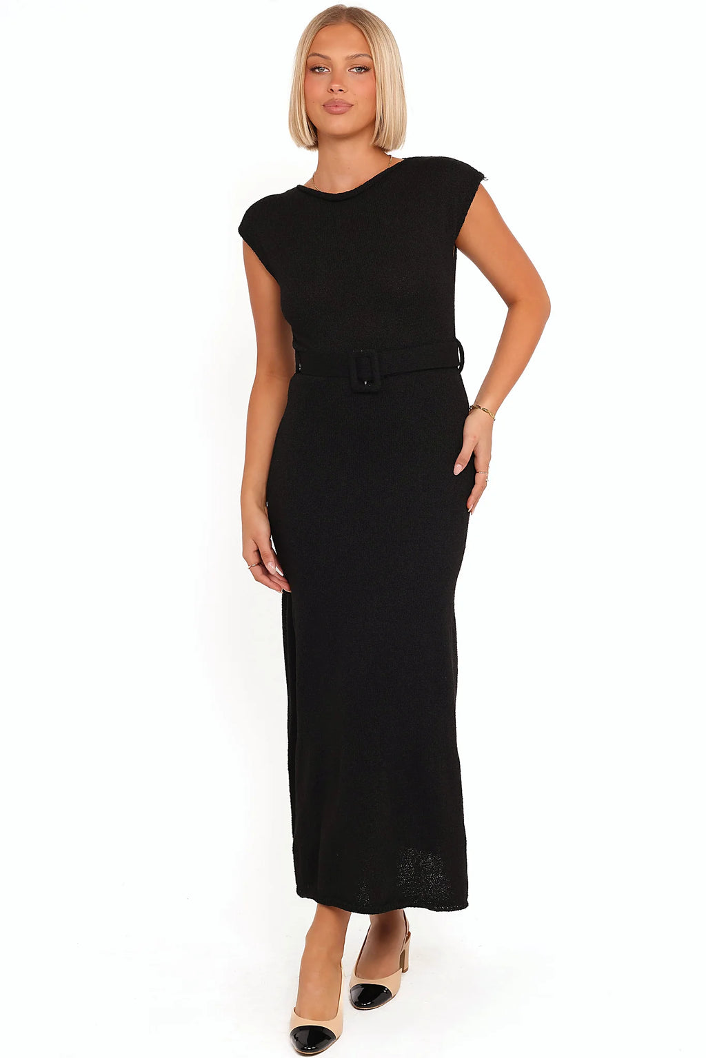 Textured knit bodycon midi dress in black with belt loops