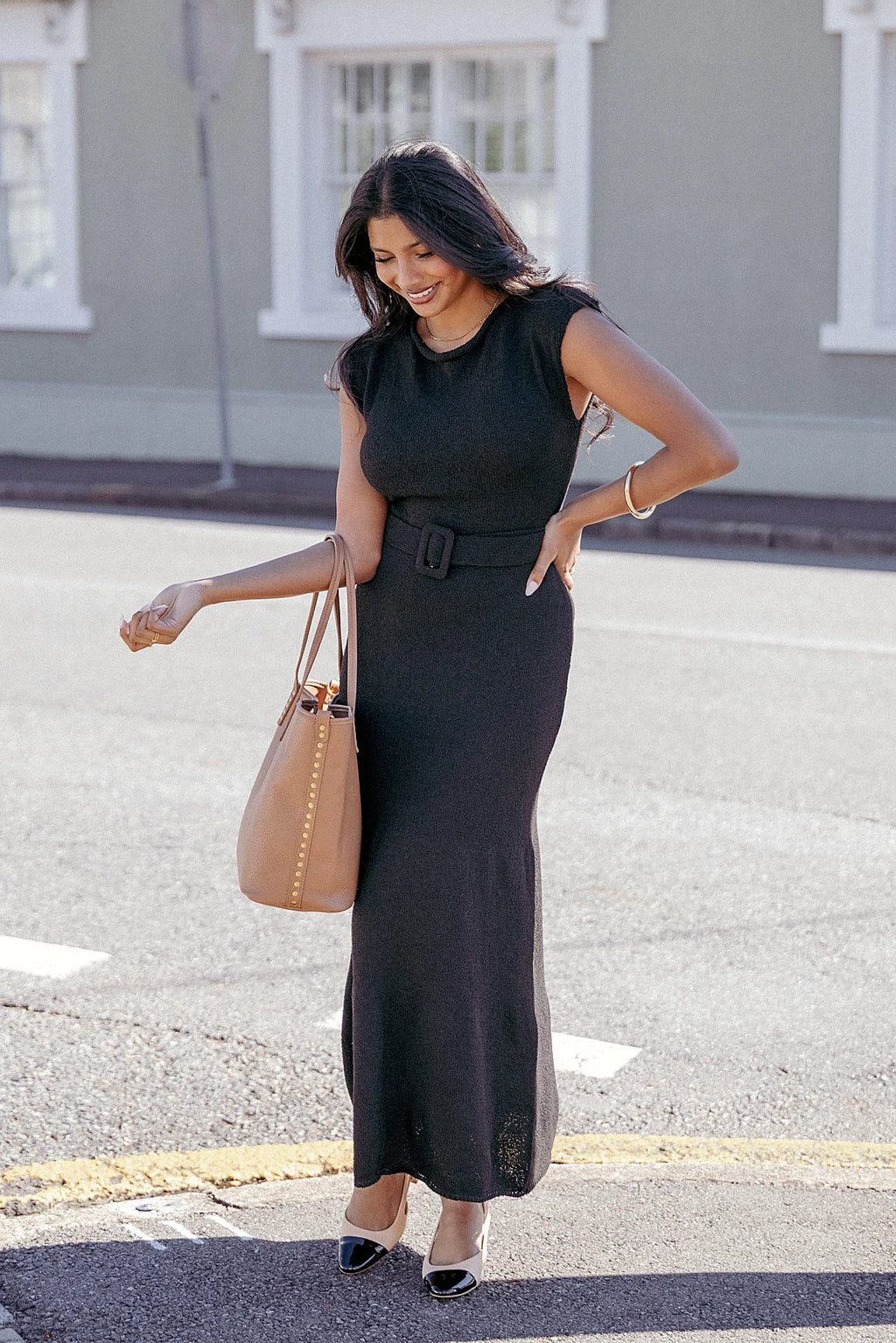 Black boat neck midi dress with a removable belt