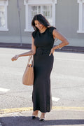Black boat neck midi dress with a removable belt