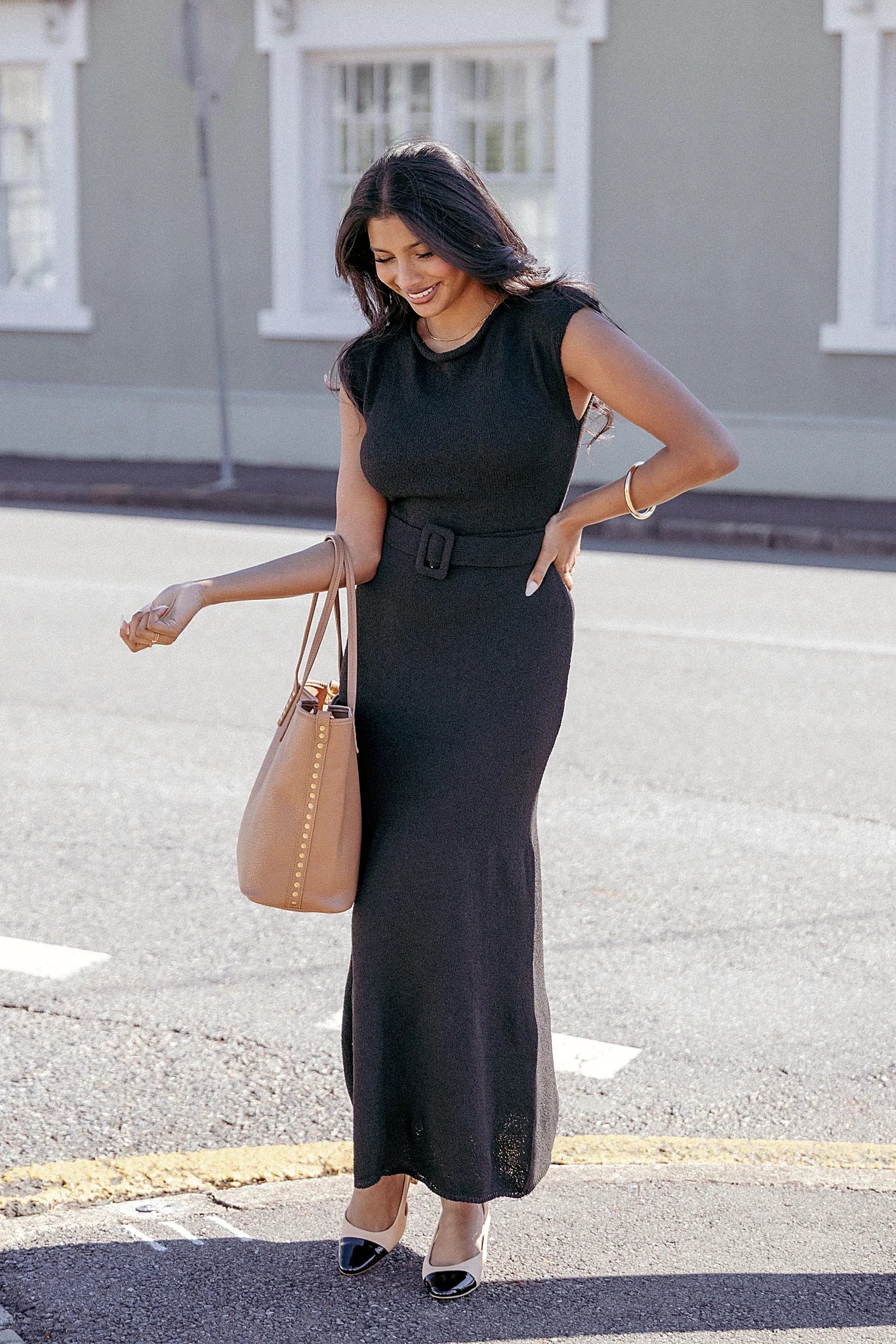 Black boat neck midi dress with a removable belt