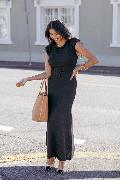 Black boat neck midi dress with a removable belt