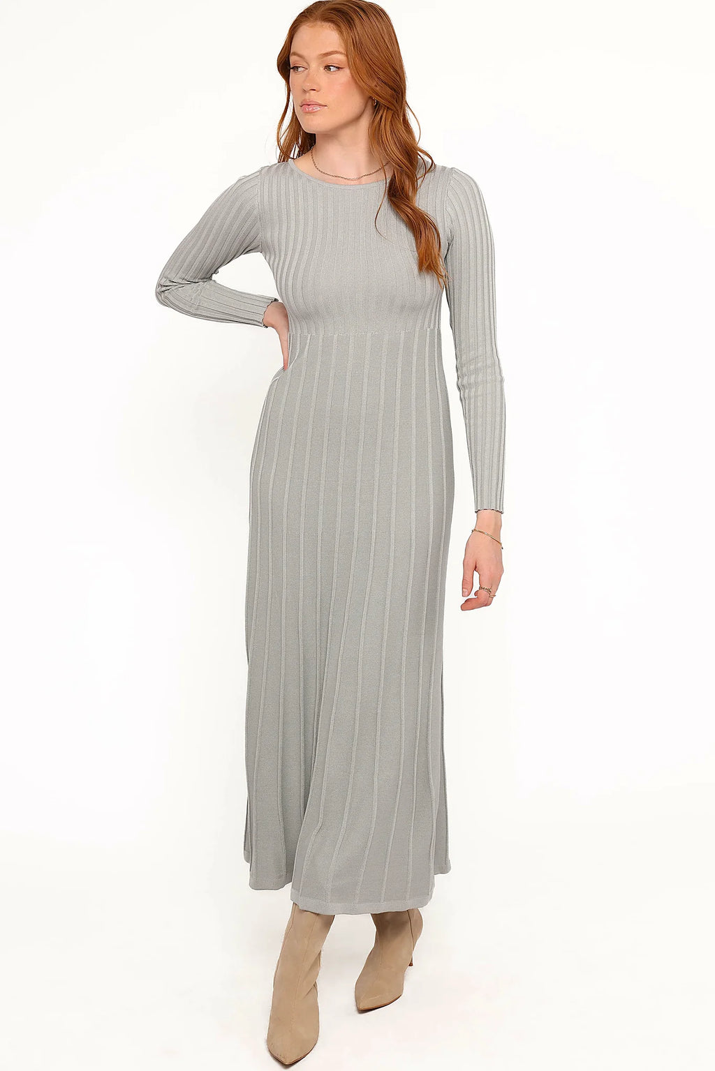Long sleeve grey knit maxi dress with an a-line skirt