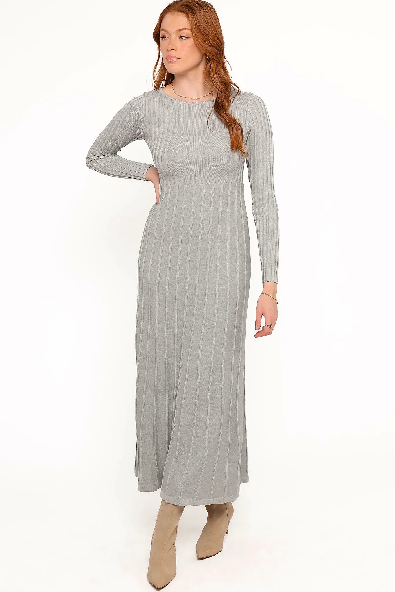 Long sleeve grey knit maxi dress with an a-line skirt