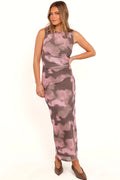 Pink and brown abstract print maxi dress with mesh overlay
