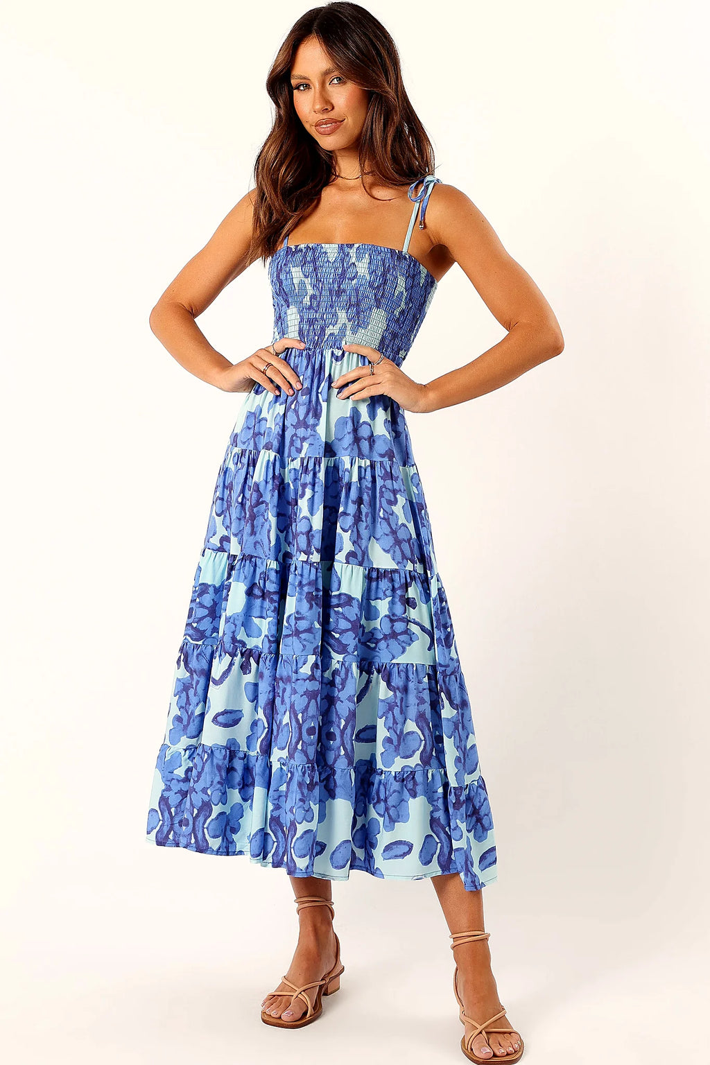 Blue floral midi dress with square neckline and tie close straps