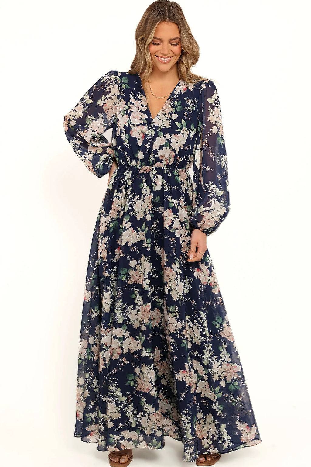 Navy floral maxi dress with v overlay neckline