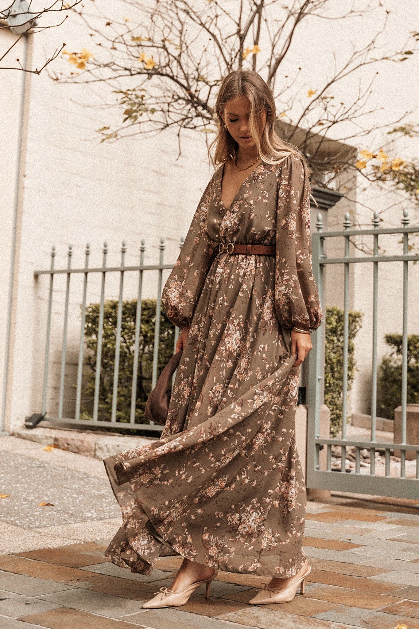 A-line floral maxi dress in olive with an elasticised waistband