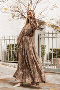 Olive floral maxi dress with v overlay neckline and long sheer sleeves