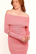 Rose off the shoulder ribbed knit midi dress