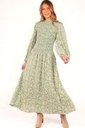 Green floral midi dress with high mock neckline and long sleeves