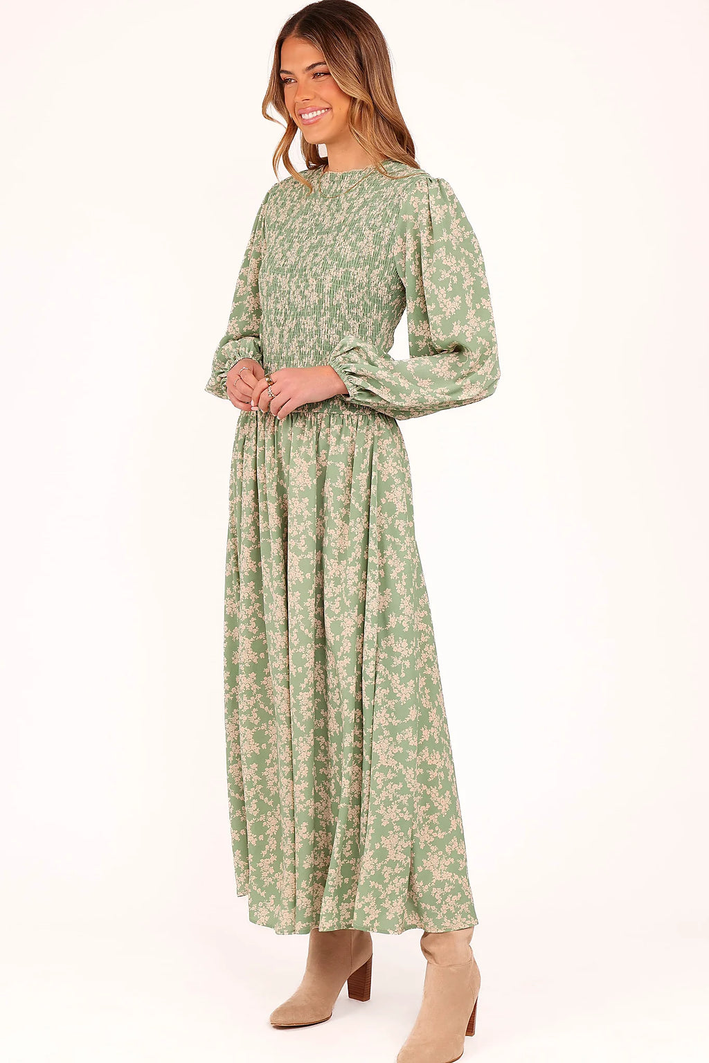 Ashara Long Sleeve Midi Dress - Green Floral