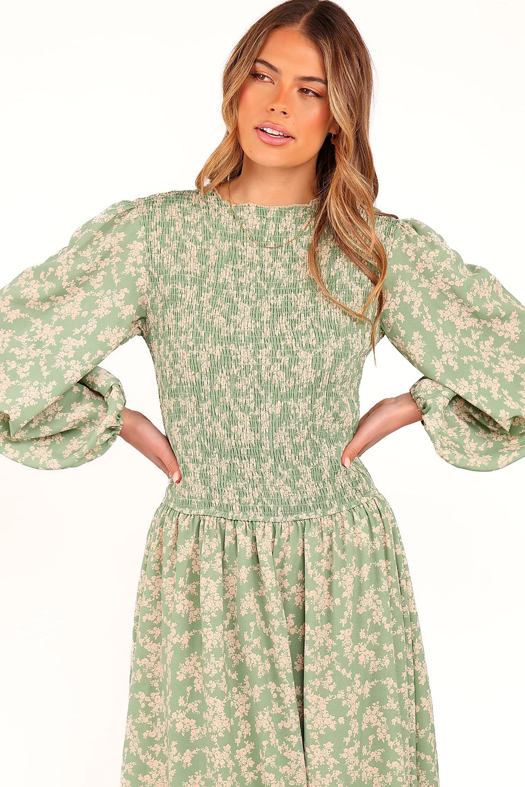 Ashara Long Sleeve Midi Dress - Green Floral