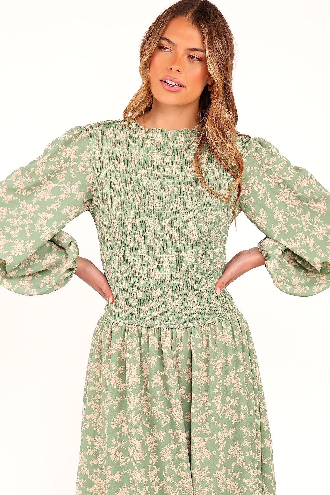 Ashara Long Sleeve Midi Dress - Green Floral