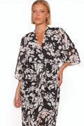 Black floral maxi dress with v neckline and short sheer sleeves