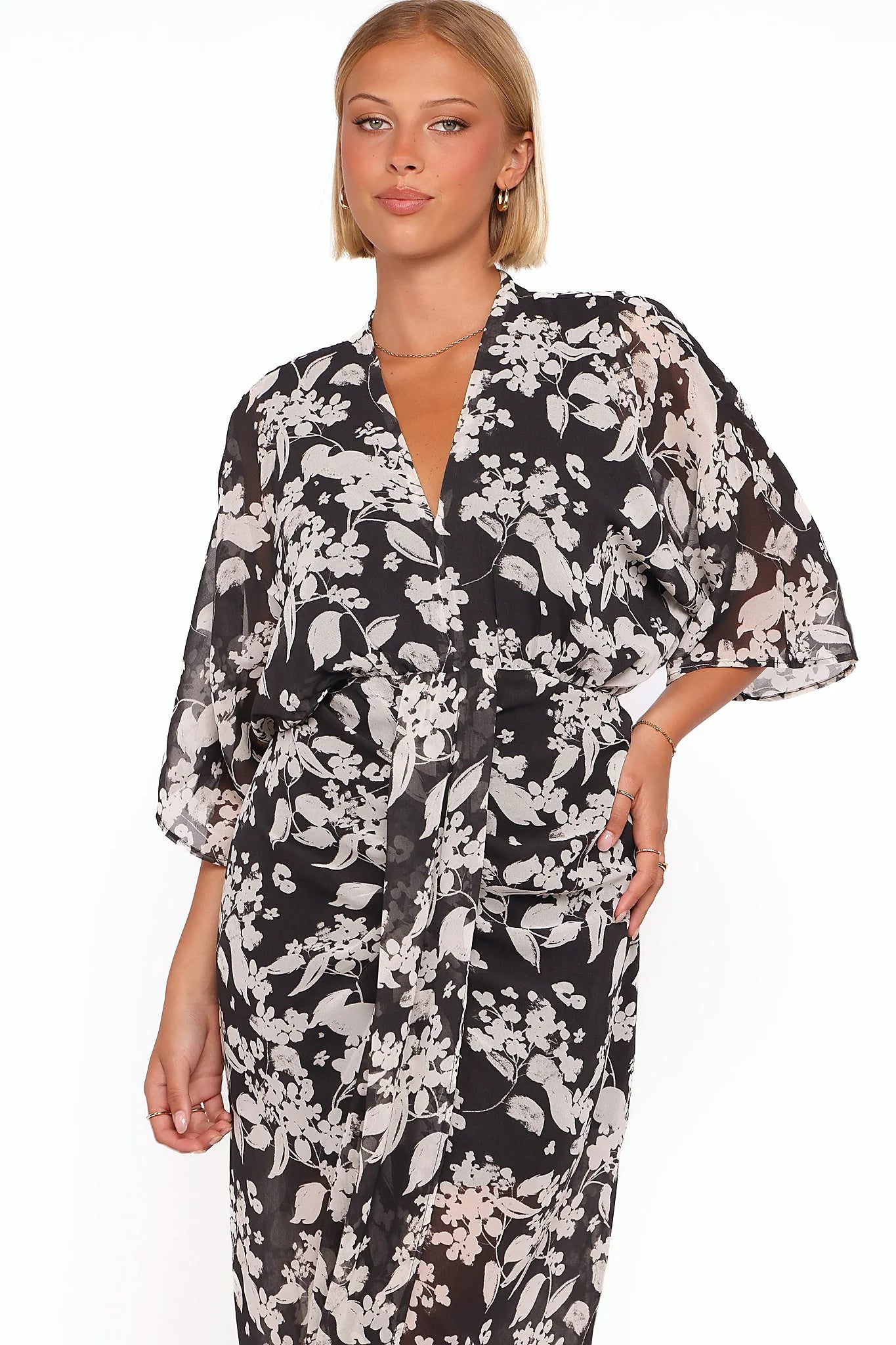 Black floral maxi dress with v neckline and short sheer sleeves