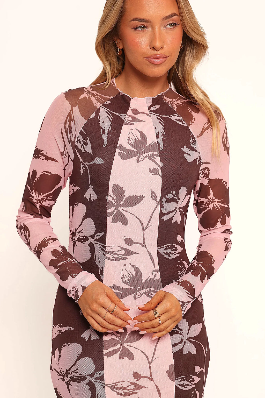Pink and brown floral maxi dress with high mock neckline