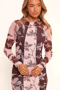 Pink and brown floral maxi dress with high mock neckline