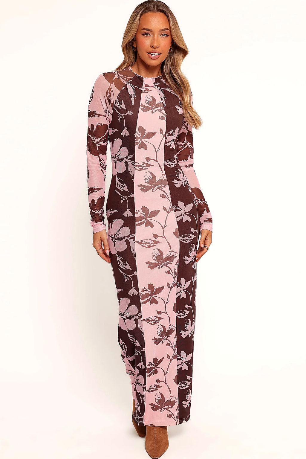 Spliced mesh overlay on a bodycon floral maxi dress