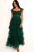 Hunter green tulle maxi dress with square tie neckline and ruffled straps