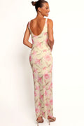 Sleeveless floral maxi dress with a high round neckline