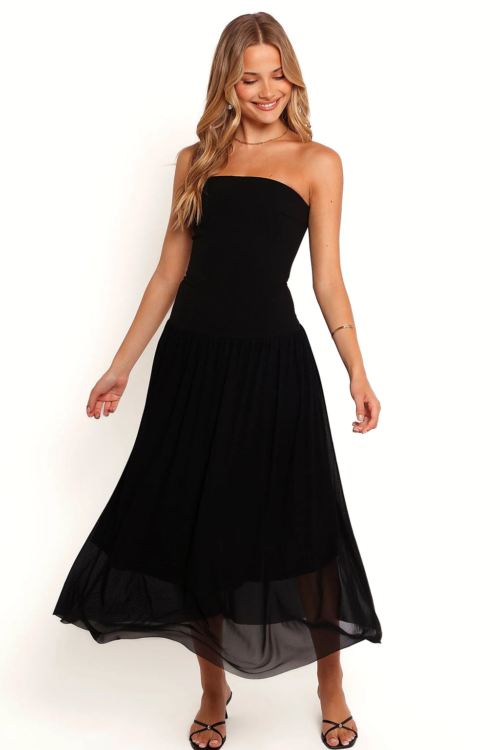 Mesh overlay a-line skirt on a black drop waist midi dress