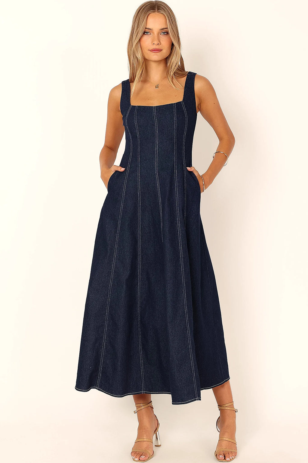 Dark denim square neck midi dress with contrast stitching