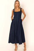 Dark denim square neck midi dress with contrast stitching