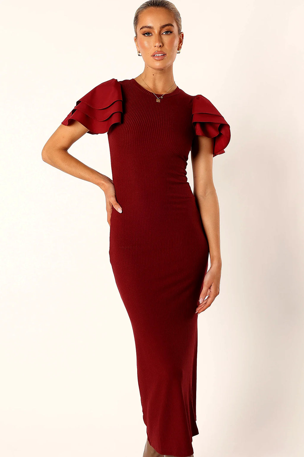 Cally Ruffle Sleeve Midi Dress - Wine