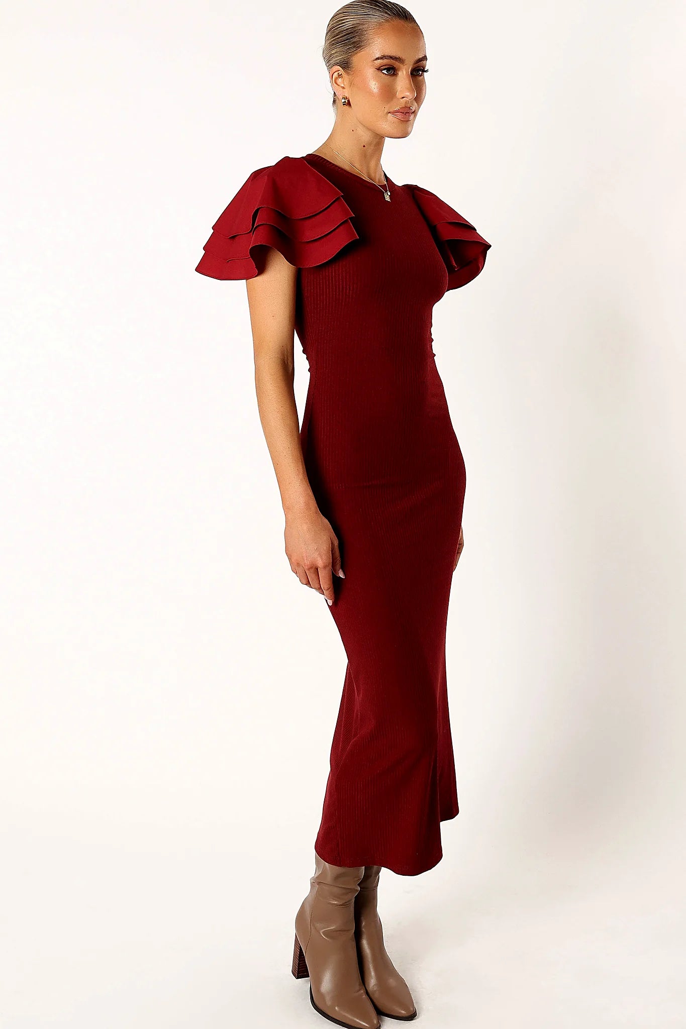Cally Ruffle Sleeve Midi Dress - Wine