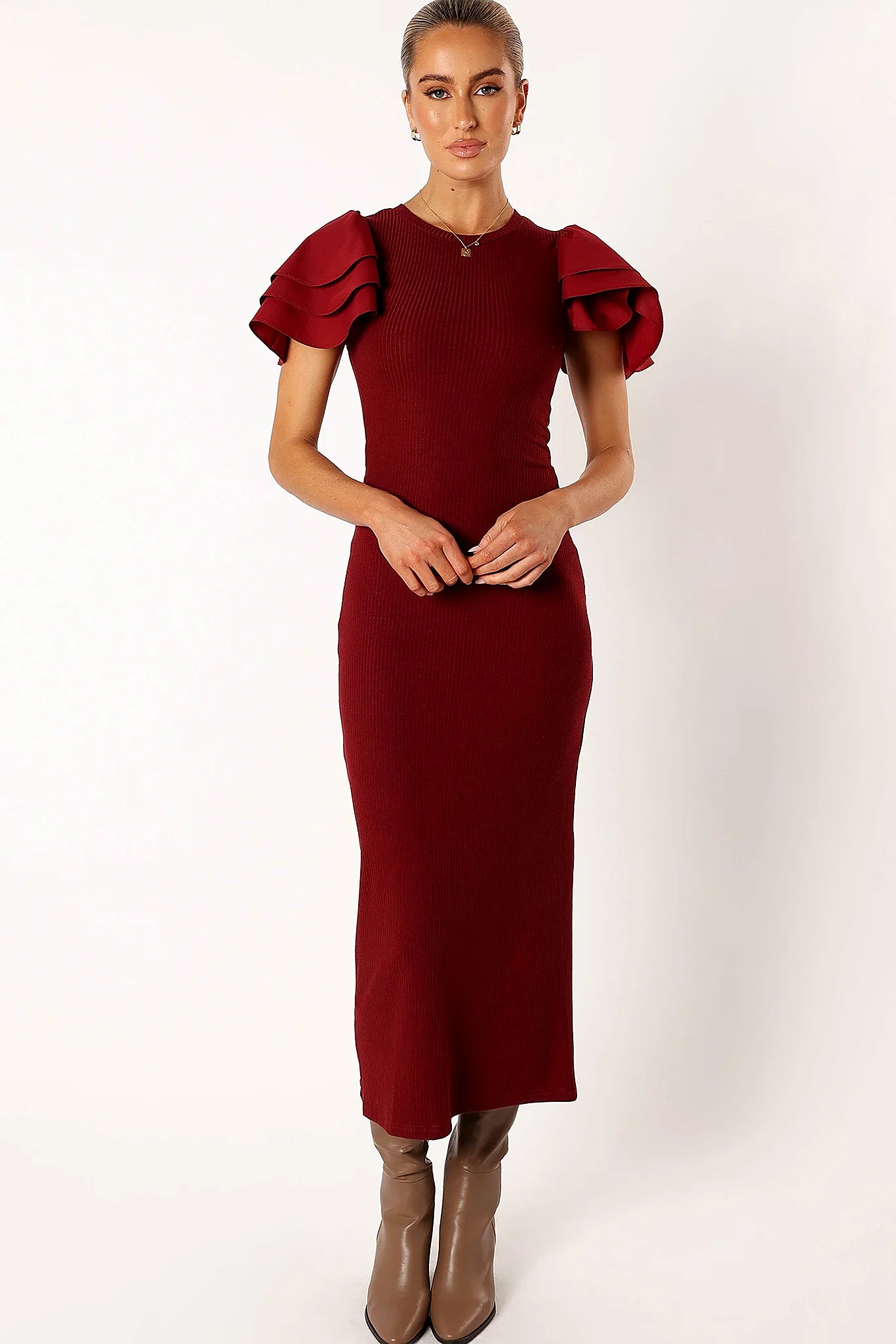 Cally Ruffle Sleeve Midi Dress - Wine