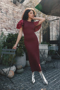 Wine ribbed bodycon midi dress with round neckline