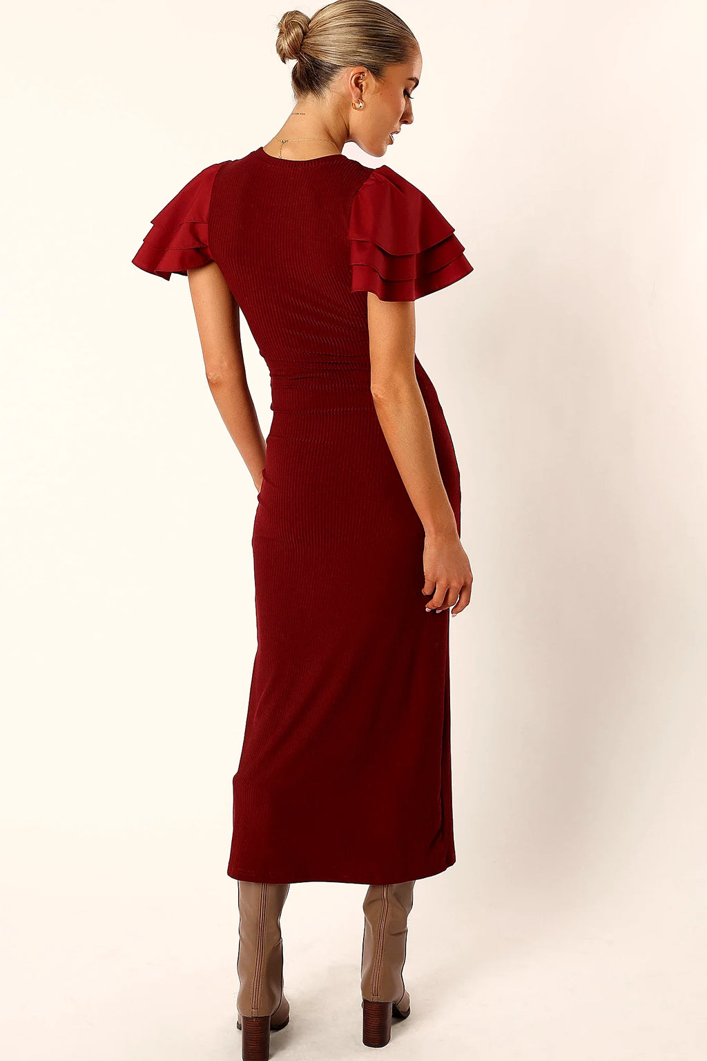 Cally Ruffle Sleeve Midi Dress - Wine