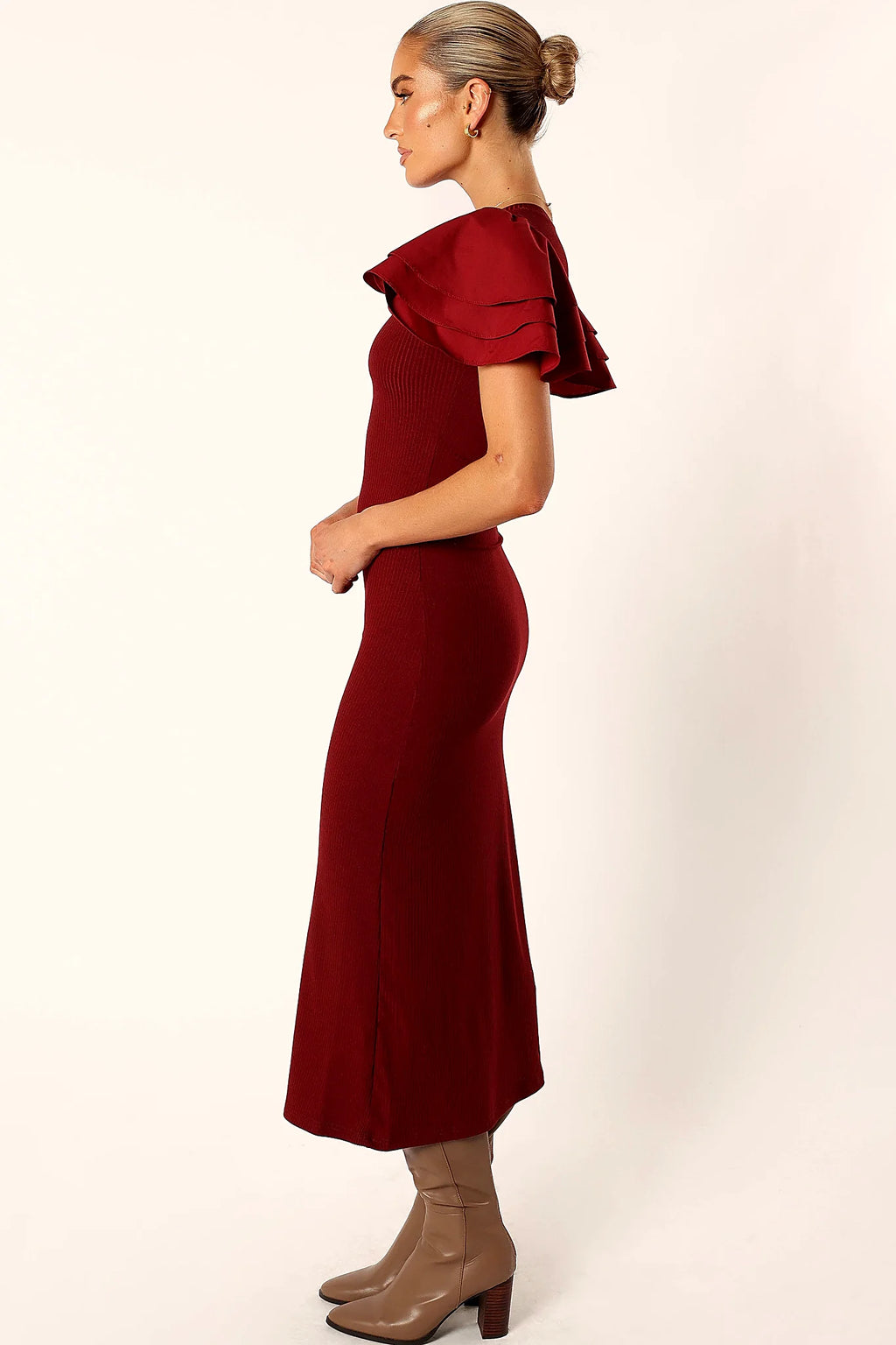 Cally Ruffle Sleeve Midi Dress - Wine