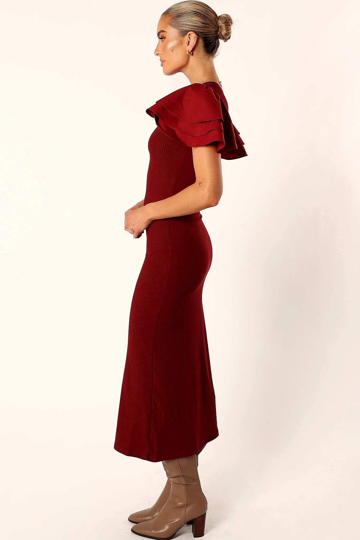 Cally Ruffle Sleeve Midi Dress - Wine
