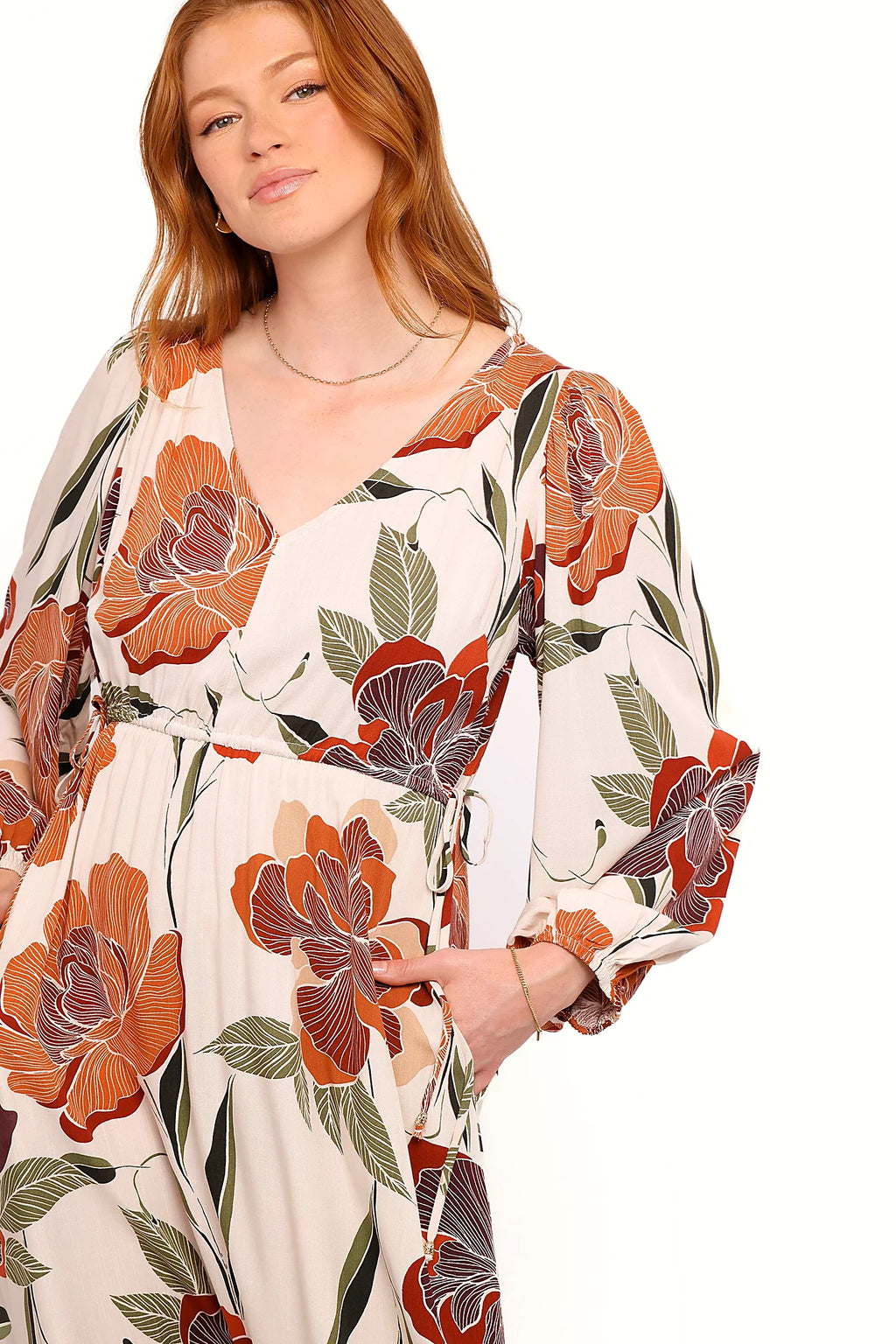 Fall floral midi dress with v neckline and long sleeves