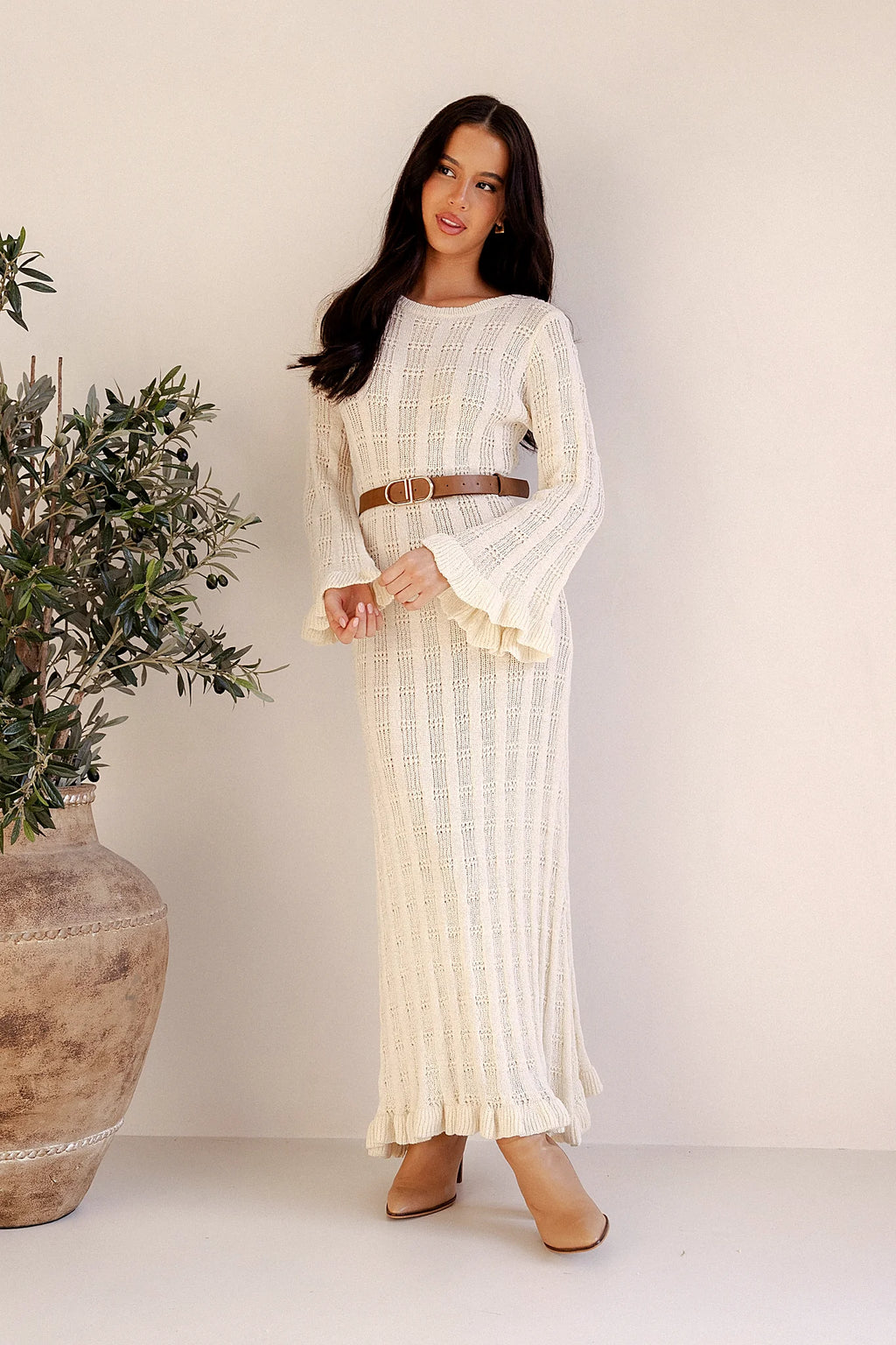 White crochet knit maxi dress with long flared sleeves