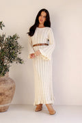 White crochet knit maxi dress with long flared sleeves
