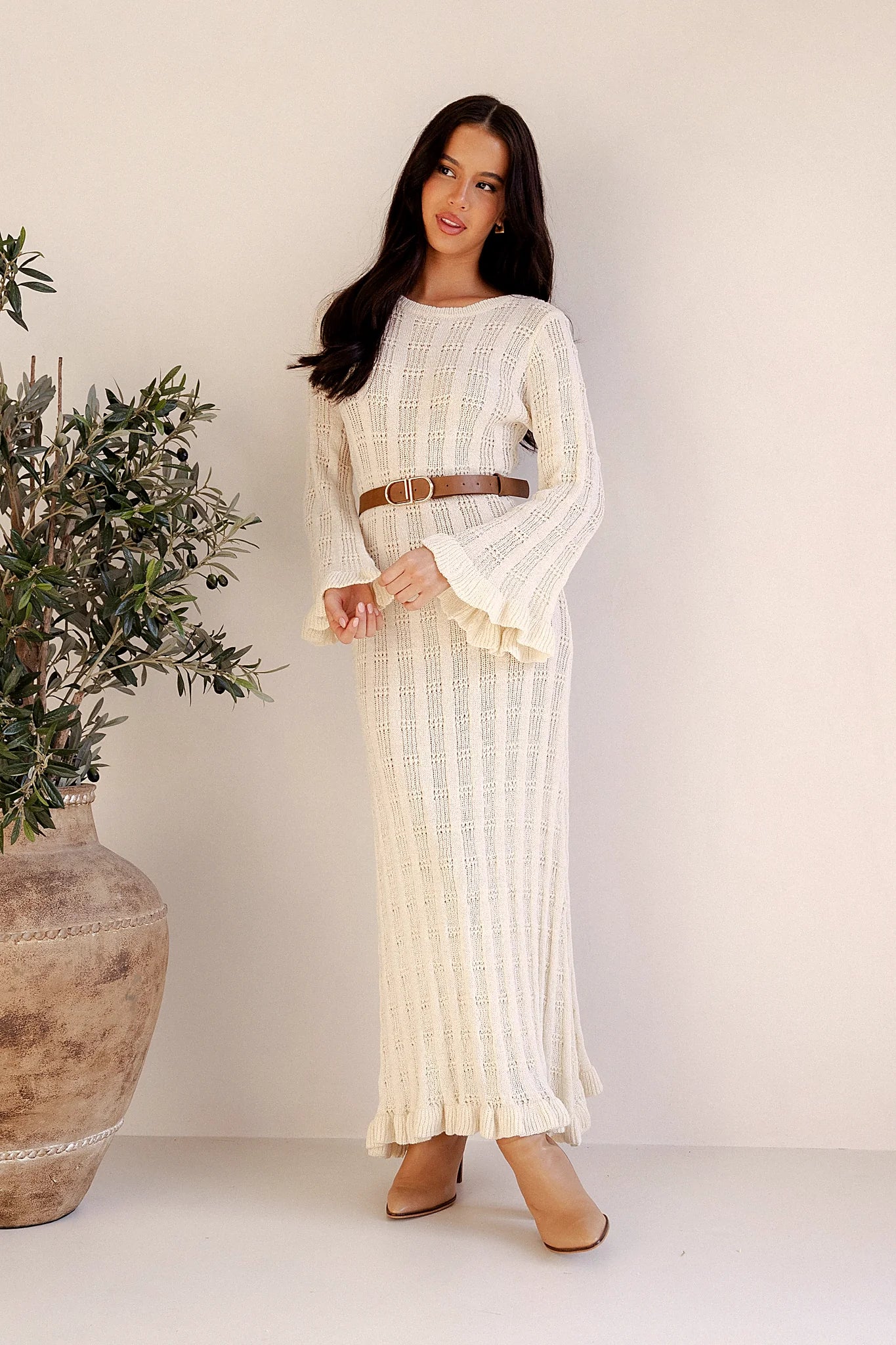 White crochet knit maxi dress with long flared sleeves