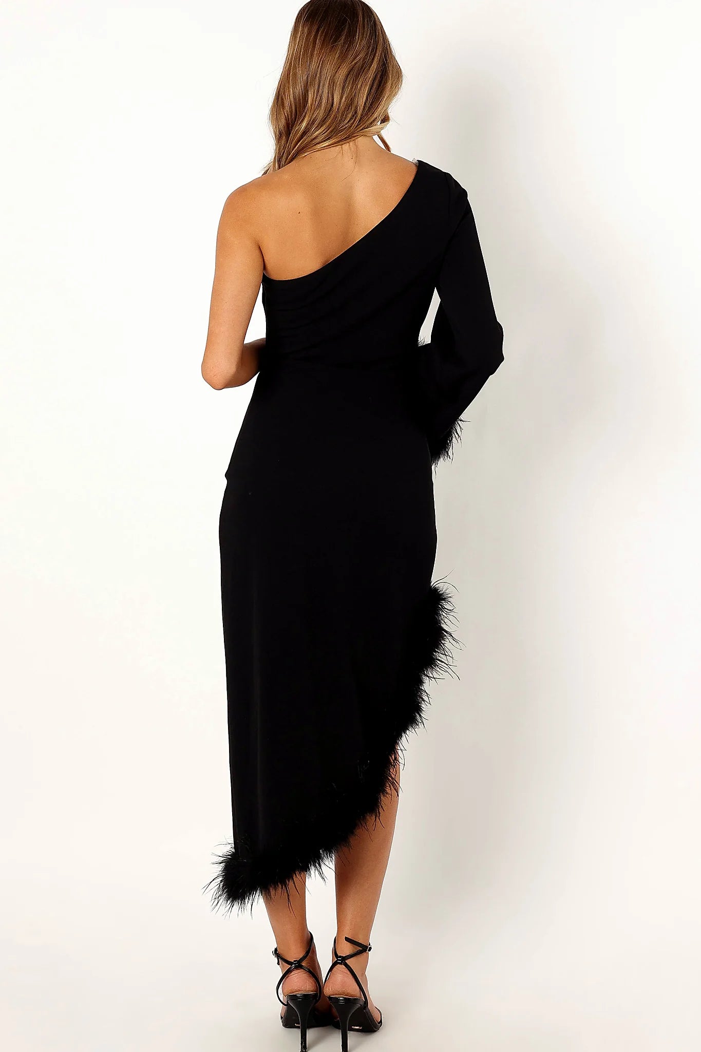 Dame One Shoulder Feather Midi Dress - Black