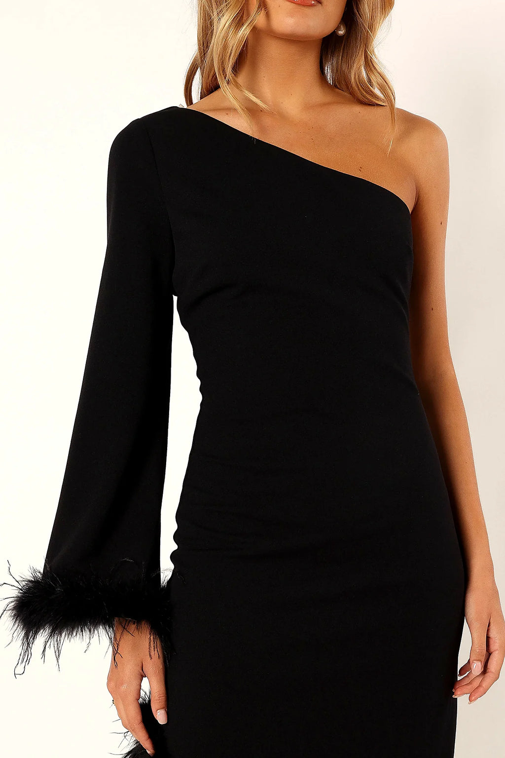 Dame One Shoulder Feather Midi Dress - Black