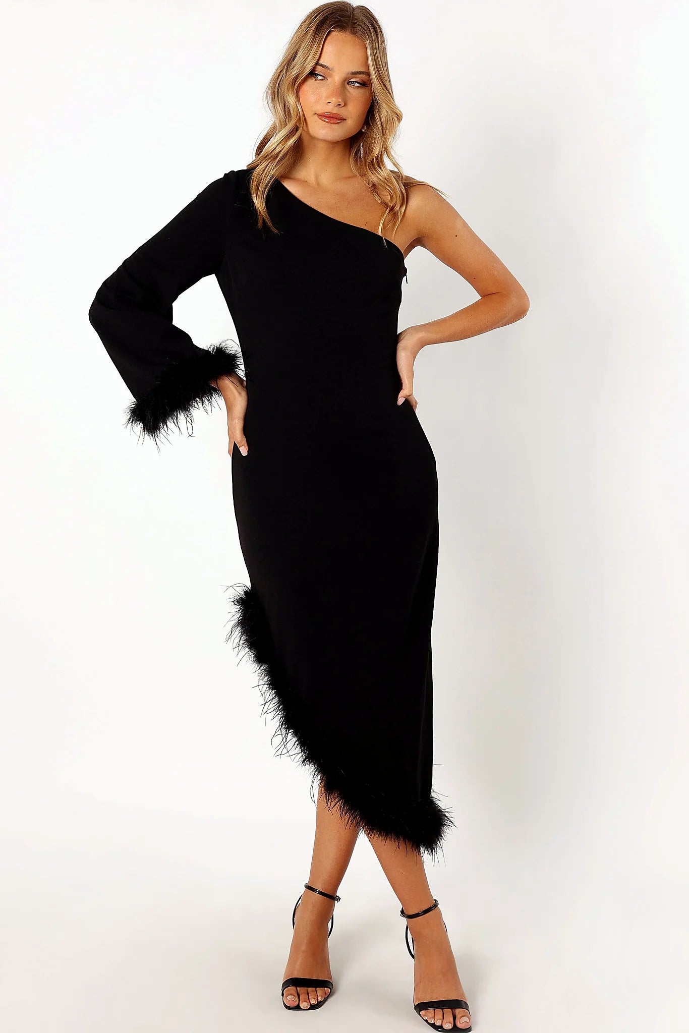 Dame One Shoulder Feather Midi Dress - Black