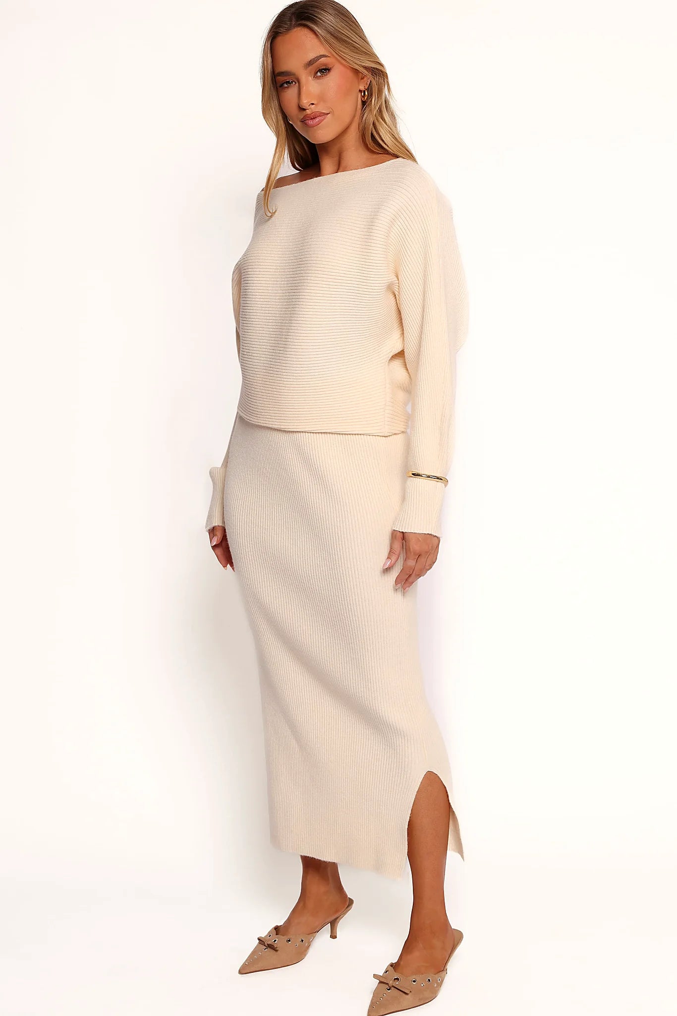 Plain cream knit midi dress with a soft vertical rib