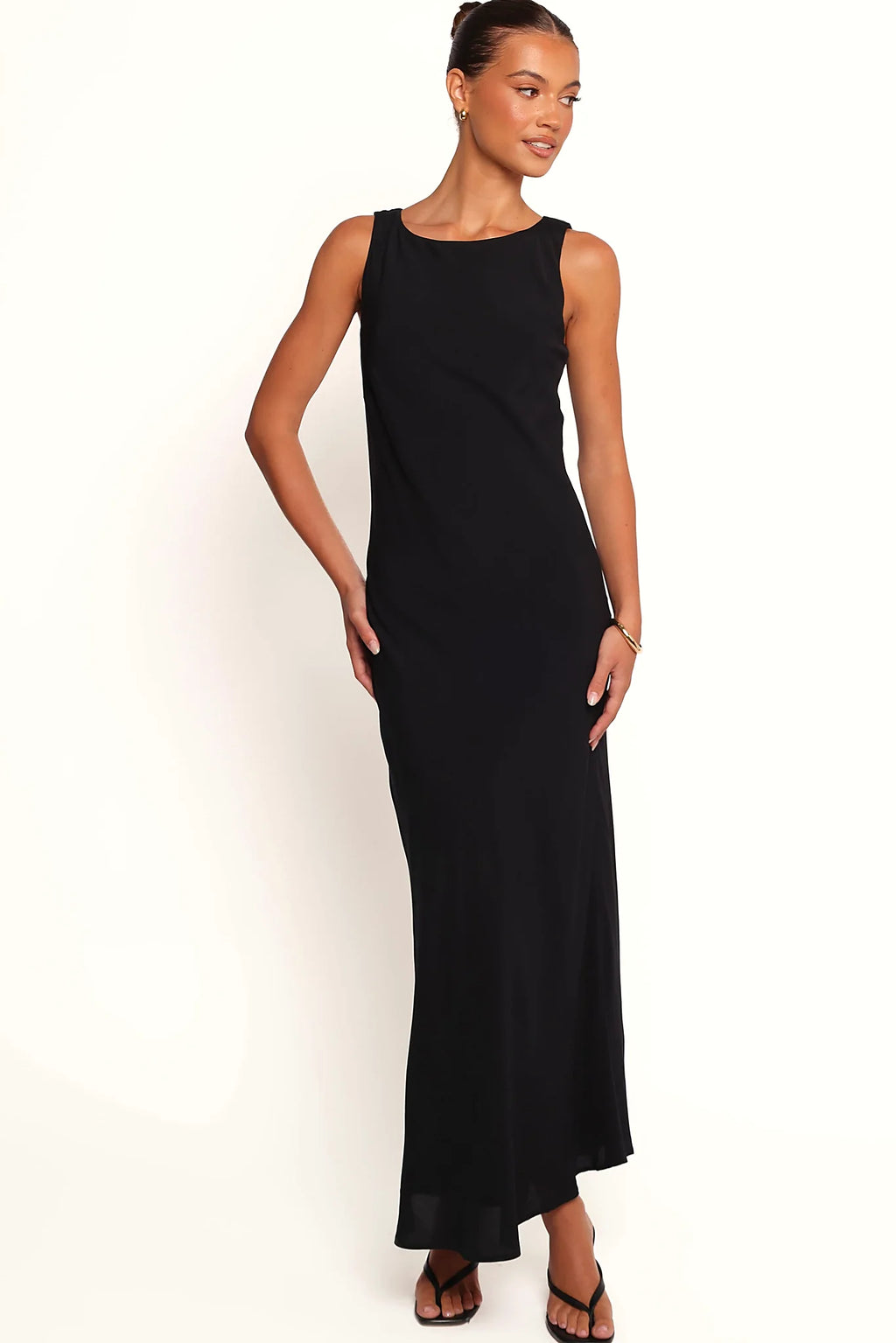 Black maxi dress with round neckline and strapless sleeve detail