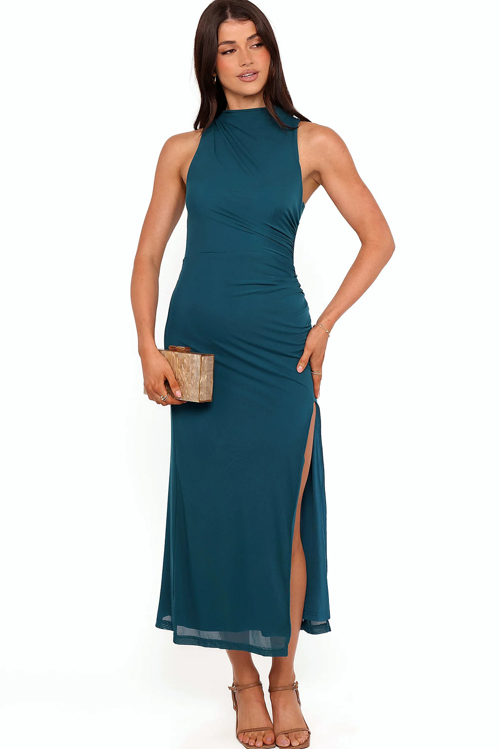 Gathered ruched side detail and front split on a teal midi dress
