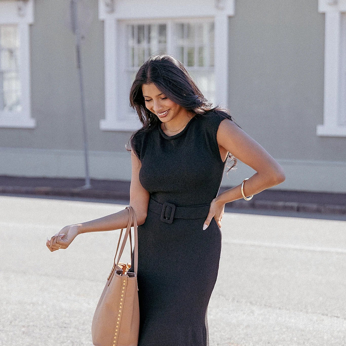 Black boat neck midi dress with a removable belt