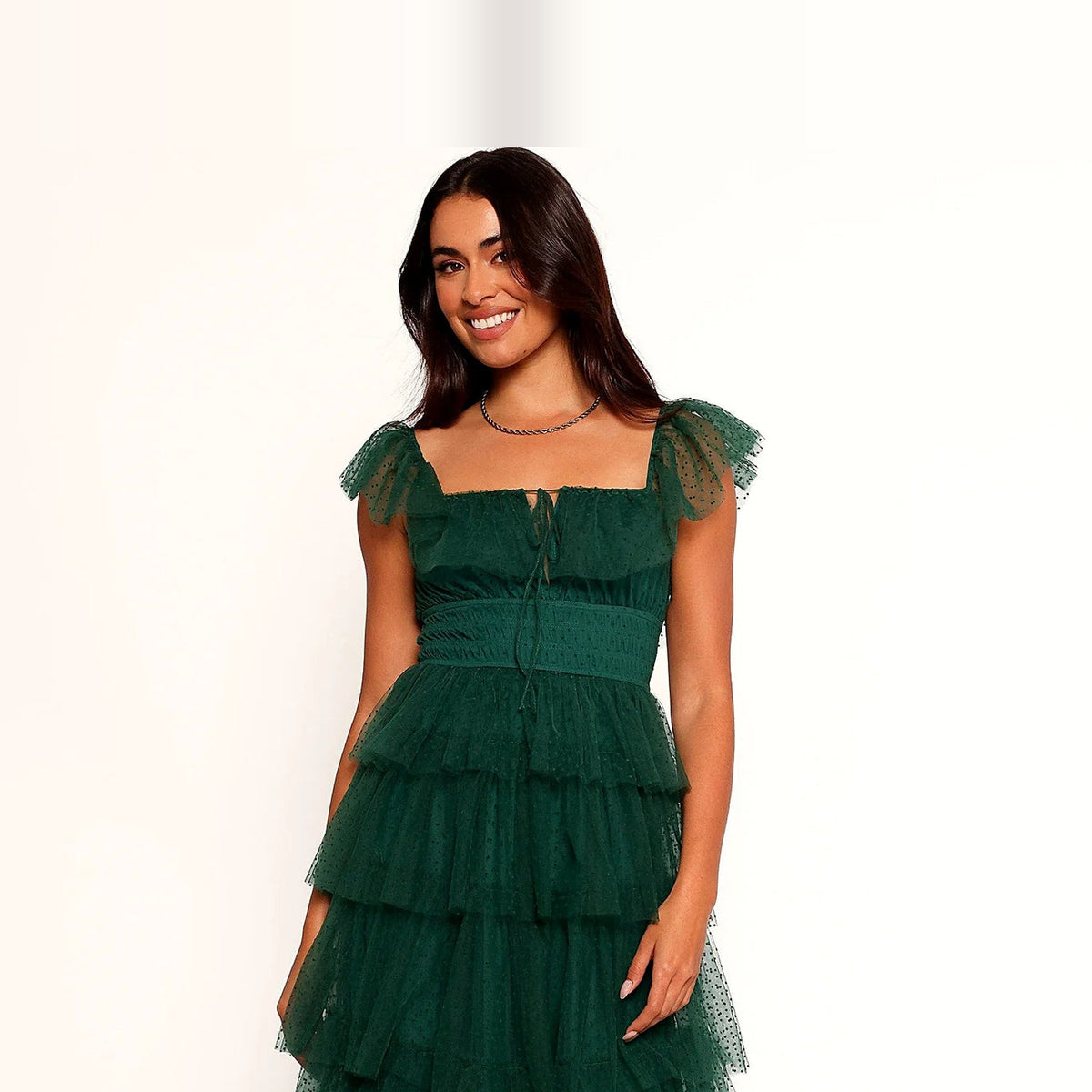 Hunter green tulle maxi dress with square tie neckline and ruffled straps