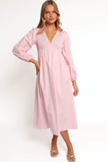 Pink long sleeve maxi dress with v neckline and shirred bust