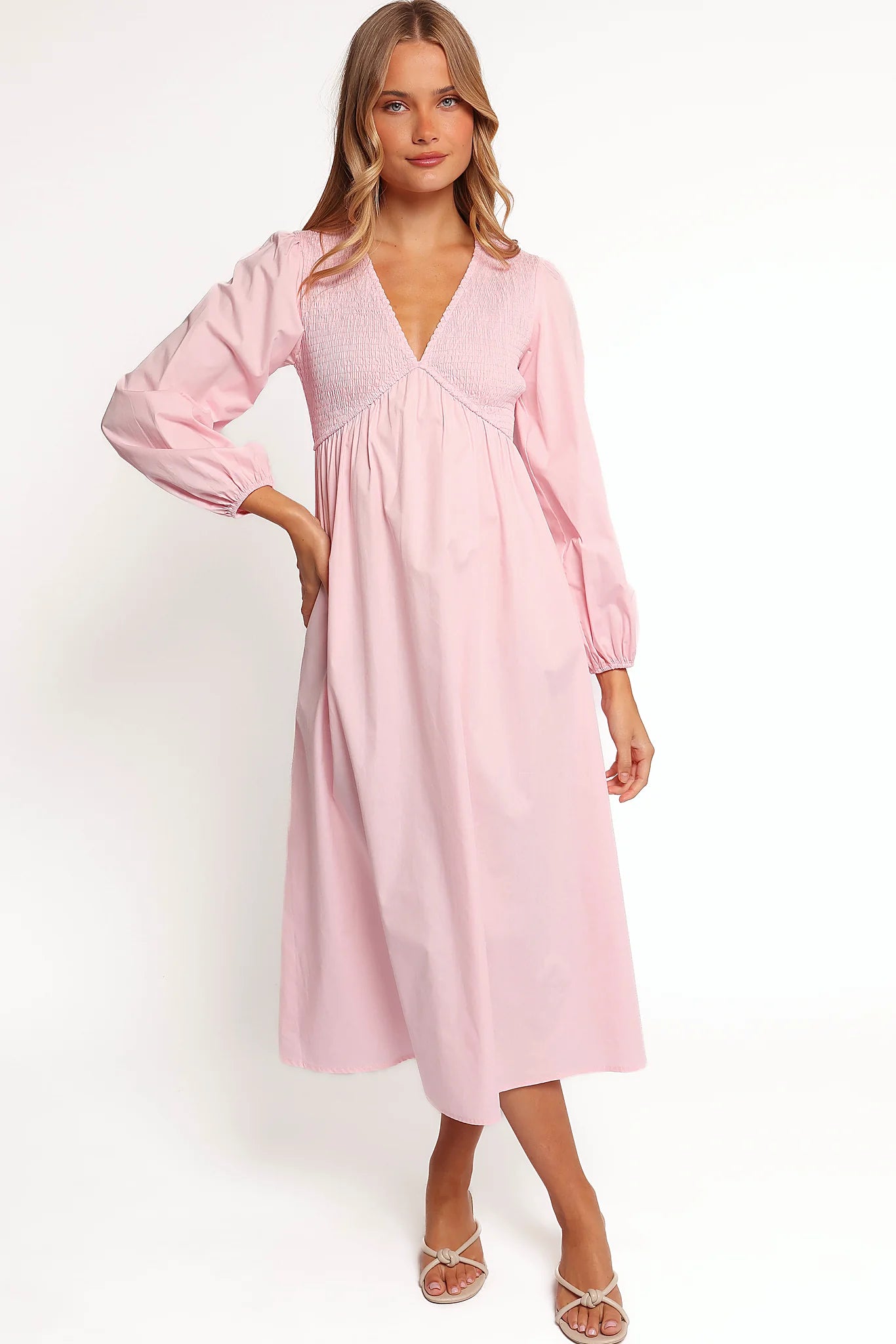 Pink long sleeve maxi dress with v neckline and shirred bust